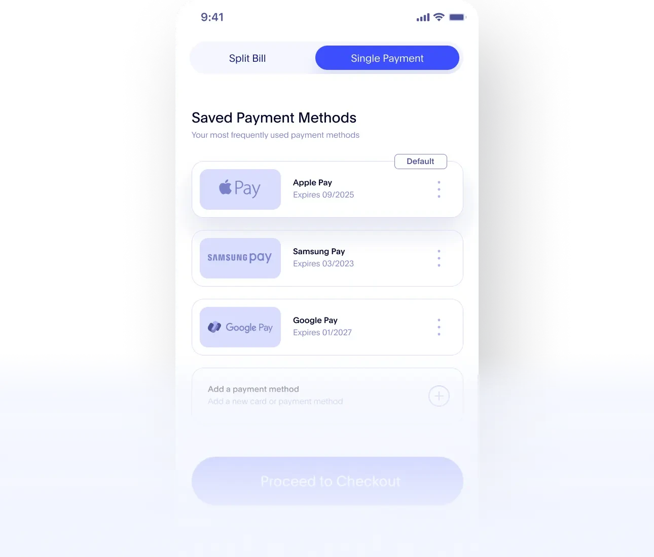 saved payments methods mock ui